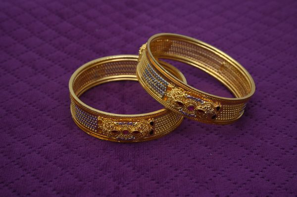 Dual-Tone Filigree Bangle Set with Gemstone Accents